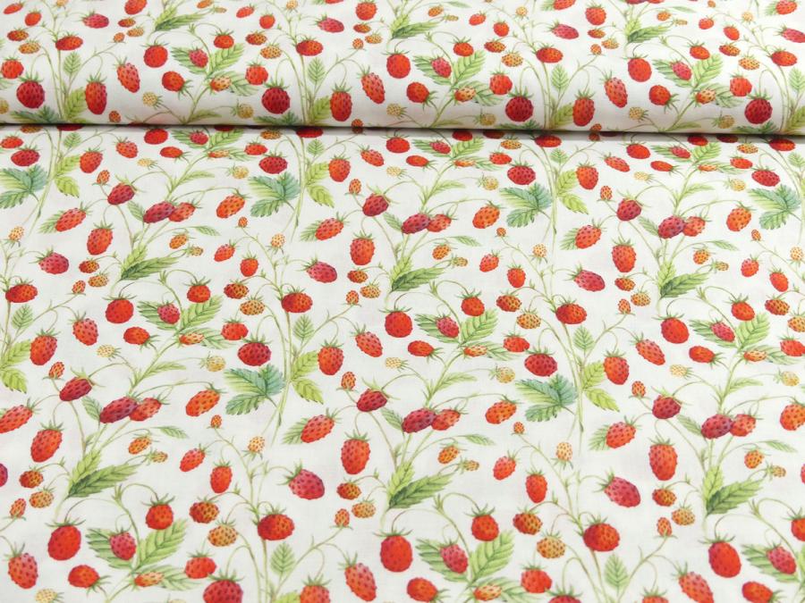 Preview: Patchworkstoff mit herrlichen Walderdbeeren auf weißem Hintergung aus der Kollektion Hedgehog Hollow